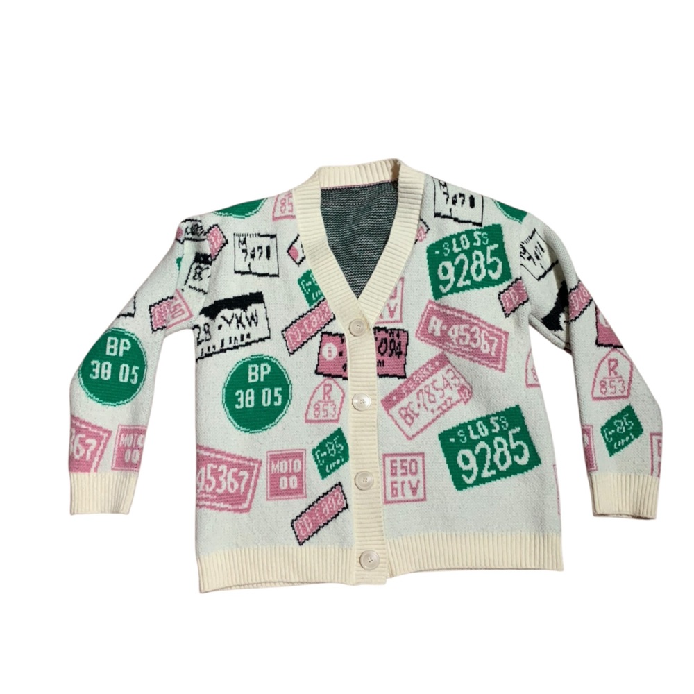 🌈 Oversized Graphic Cardigan–Cream, Green & Pink, No Size (See Measurement)
